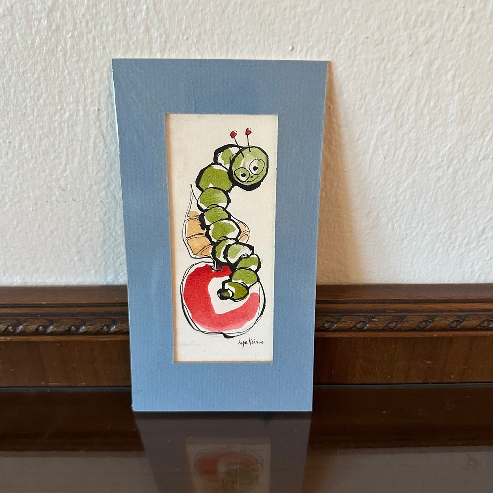 Lyn Keirns Original Watercolor Painting Caterpillar on Apple Signed Art 8x4
